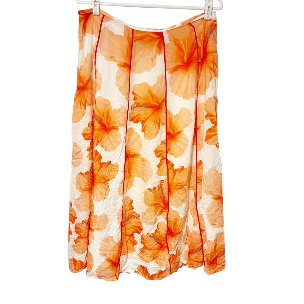 Farm‎ Rio Size Large Orange Floral Pleated Fully Lined Midi Skirt